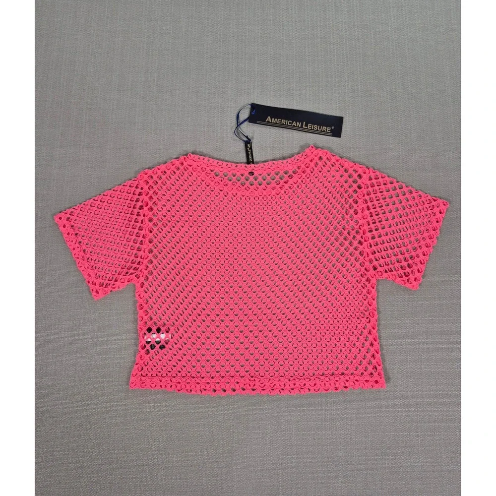 American Leisure Pink Mesh Two Piece Swimsuit Cover Up Crop Top Shorts Set S